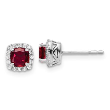14k 1/10 carat Lab Grown Diamond VS/SI+ G+ and Created Ruby Complete Square Halo Post Earrings