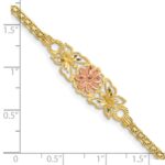 14K Two-tone Brushed and Polished Flower with Butterflies and Bismark Chain 7 inch Bracelet - Image 3