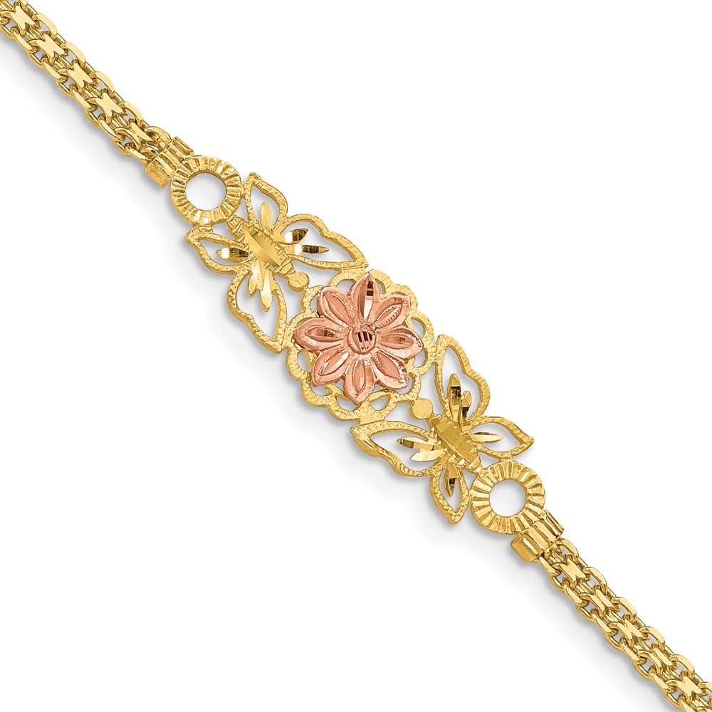 FB1524-7.jpg 14K Two-tone Brushed and Polished Flower with Butterflies and Bismark Chain 7 inch Bracelet - Image 1