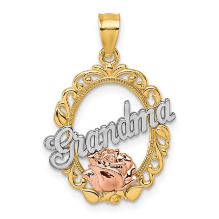 14k Two-tone and White Rhodium Polished GRANDMA Rose Oval Pendant