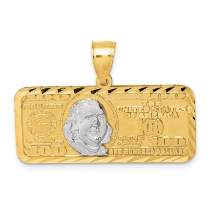 14k Polished with Rhodium Diamond-cut 100 Dollar Bill Pendant