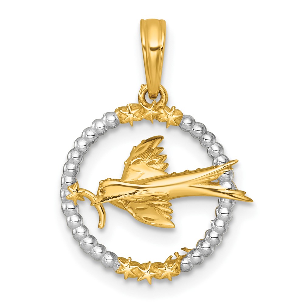K10054.jpg 14k with White Rhodium Polished Flying Bird In Circle with Stars Charm - Image 1