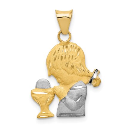 14K and White Rhodium Diamond-cut Girl Communion Semi-solid Pendant