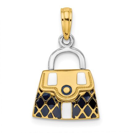 14K and White Rhodium 3-D Black Enameled Quilted Handbag Opens Charm