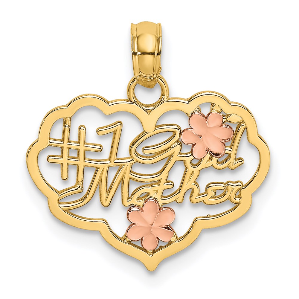 K9203.jpg 14k Two-Tone Diamond-cut #1 GOD MOTHER and Flowers In Heart Charm - Image 1