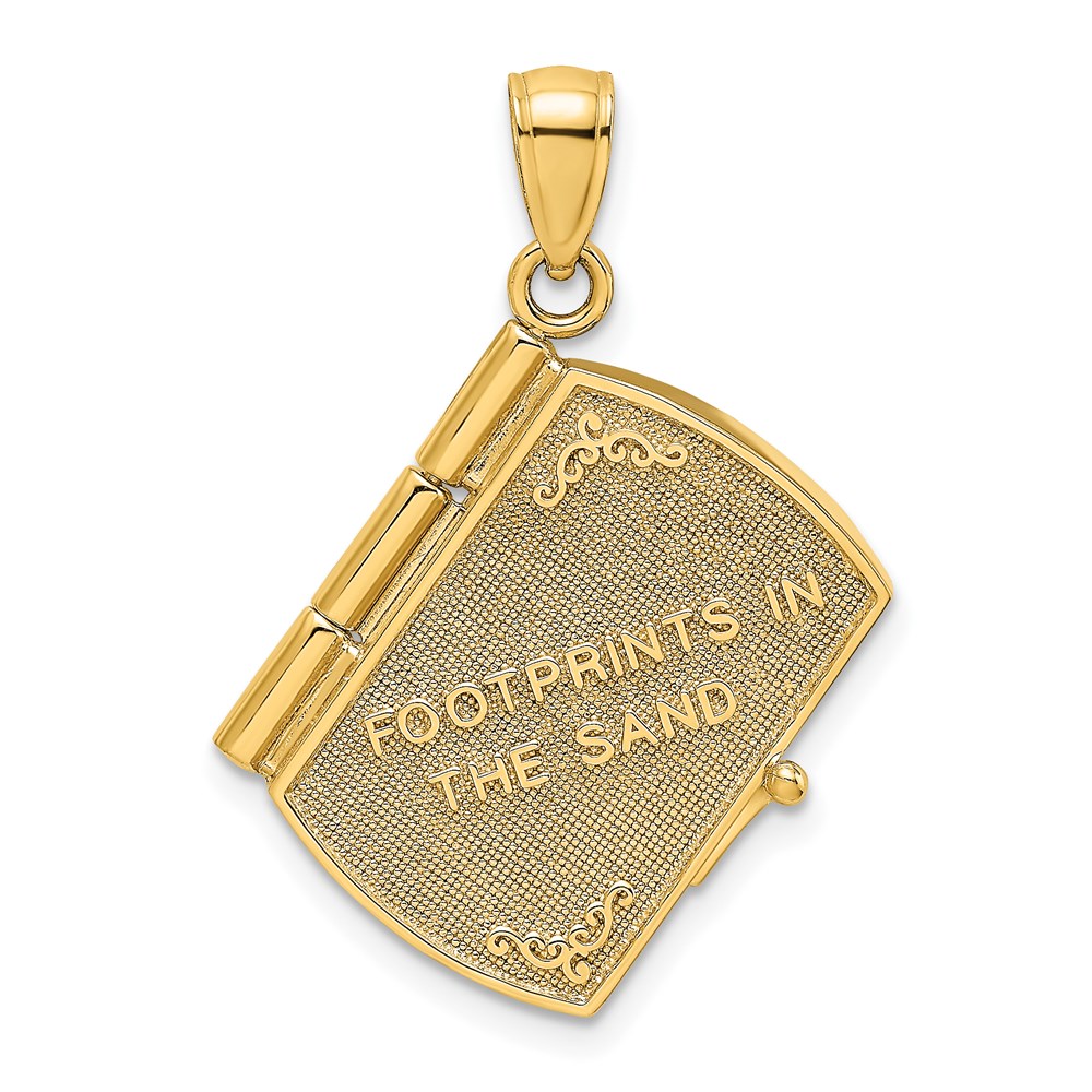 K9271.jpg 14K and White Rhodium 3-D FOOTPRINTS IN THE SAND Moveable Book with Paper Poem Insert Charm - Image 1