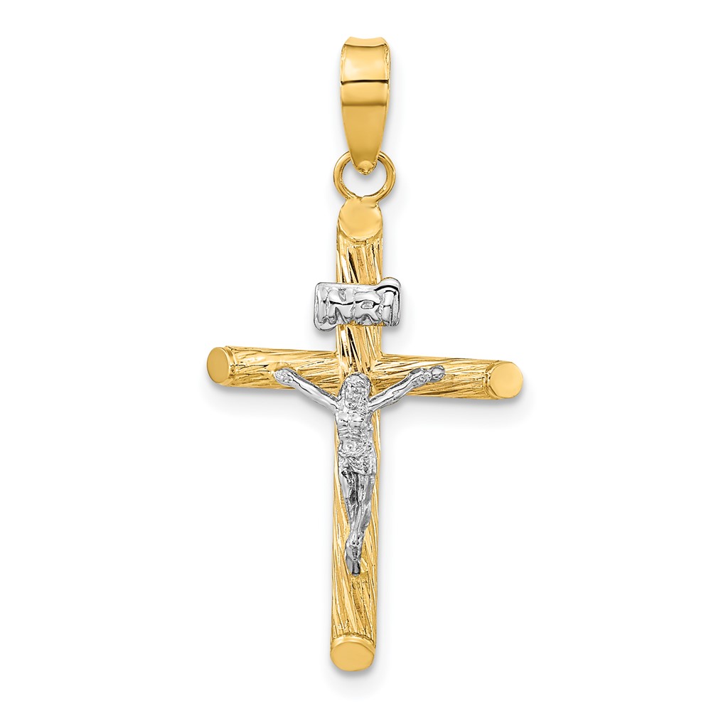 K9965.jpg 14K and White Rhodium Polished and Textured INRI Crucifix Cross Pendant - Image 1