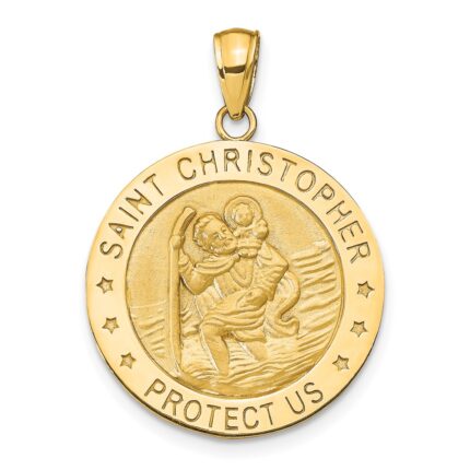 14k Polished and Satin Solid Saint Christopher Medal Round Pendant