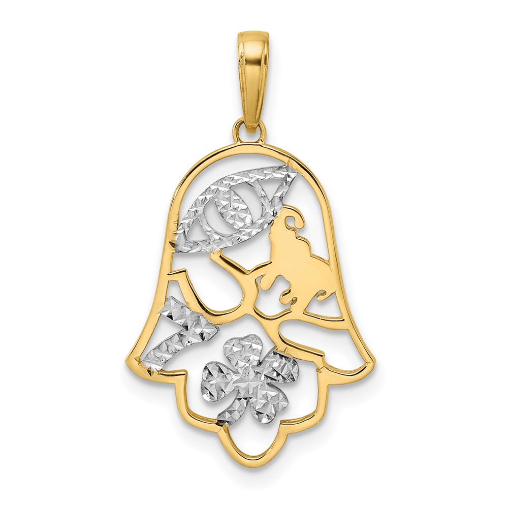 M2945.jpg 14k and White Rhodium Diamond-cut Good Luck Symbols on Hamsa Pendant - Image 1