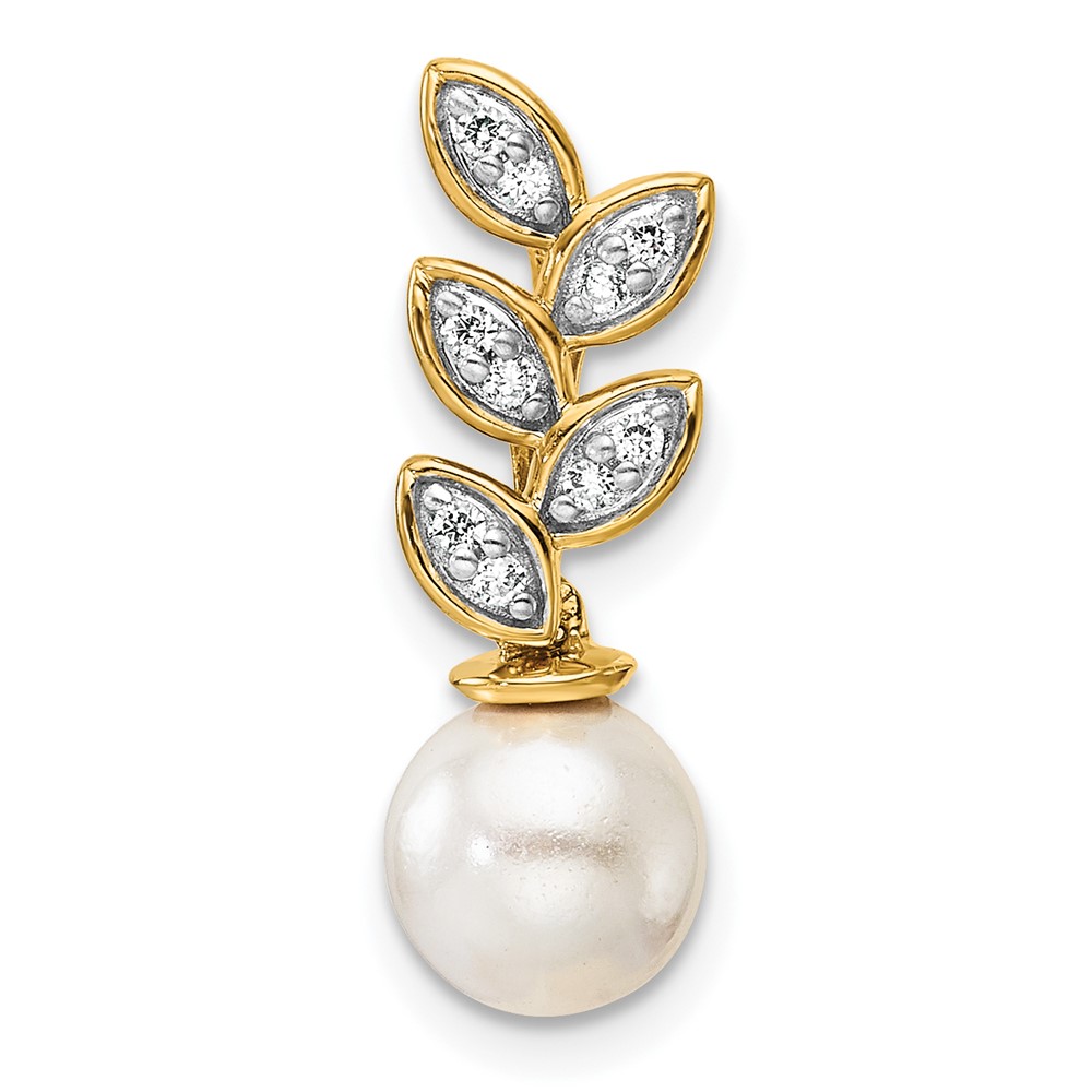PM10182-008-YAA.jpg 14K Polished 1/15 carat Diamond and White Freshwater Cultured Pearl Leaf Design Chain Slide - Image 1