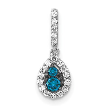 14k White Gold 1/4 carat Blue and White Diamond Teardrop Halo Pendant