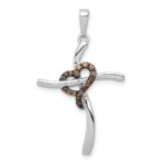 14k White Gold 1/10 carat Champagne Diamond Heart Cross Pendant