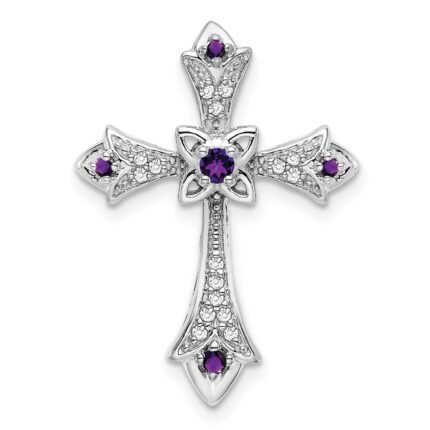 14k White Gold Round Amethyst and Diamond Fleur de Lis Cross Chain Slide