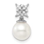 14k White Gold 7-8mm Round White Freshwater Cultured Pearl and Diamond Chain Slide