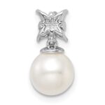14k White Gold 7-8mm Round White Freshwater Cultured Pearl and Diamond Chain Slide - Image 3