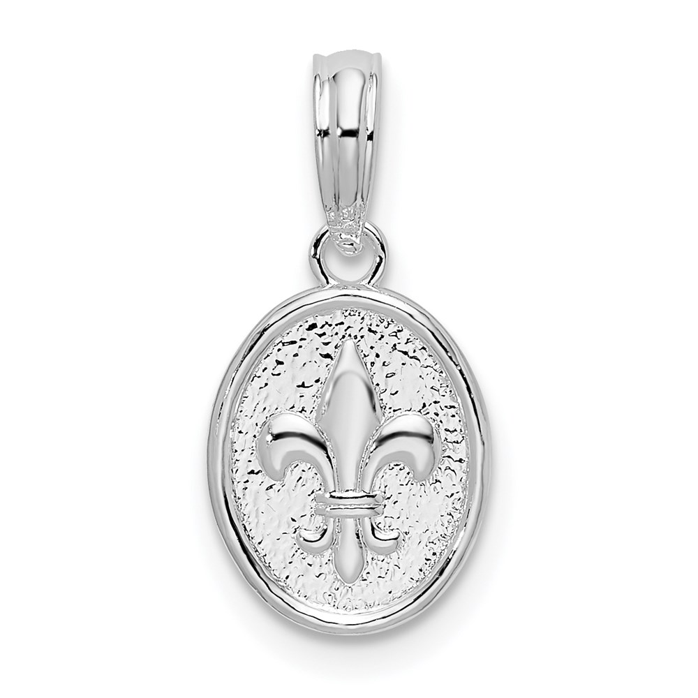QC10131.jpg De-Ani Sterling Silver Rhodium-plated Polished and Textured Fleur de Lis Small Oval Pendant - Image 1