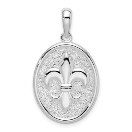 De-Ani Sterling Silver Rhodium-Plated Polished and Textured Fleur de Lis Oval Pendant