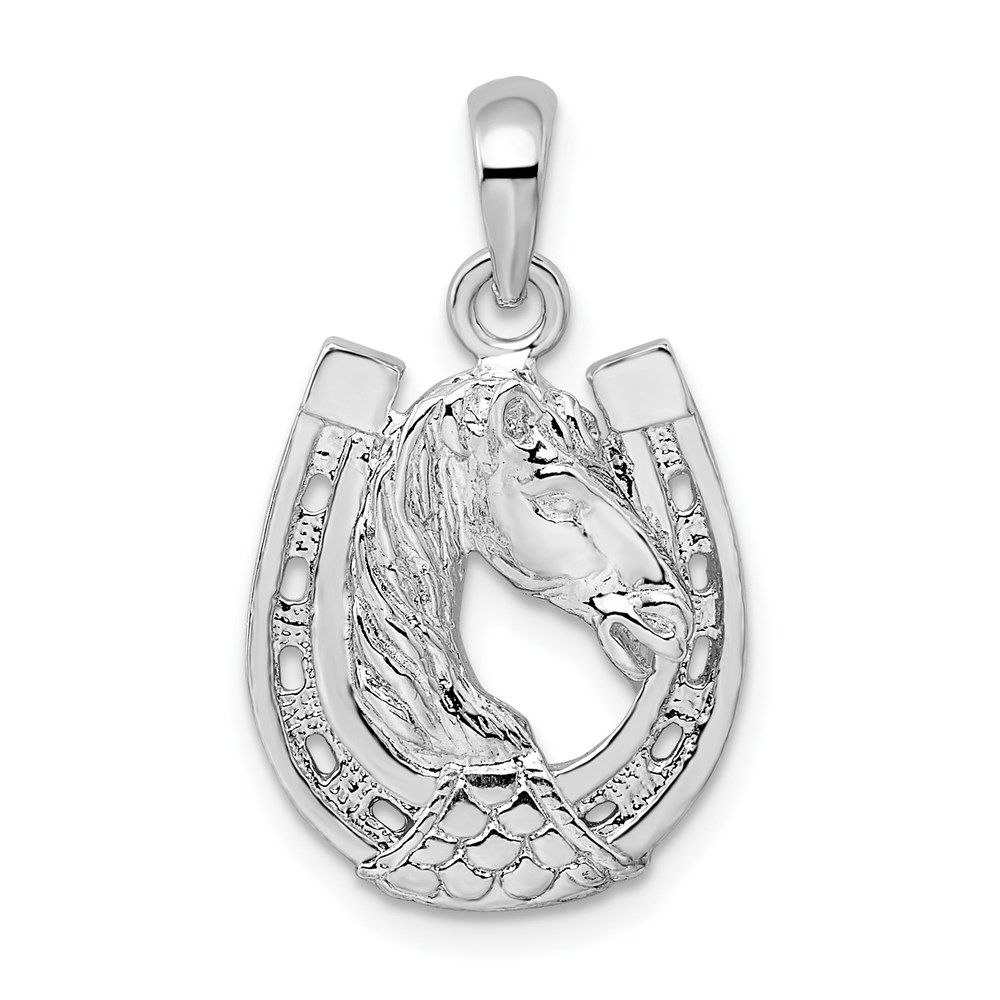 QC10272.jpg De-Ani Sterling Silver Rhodium-Plated Polished Horse Head in Horseshoe Pendant - Image 1