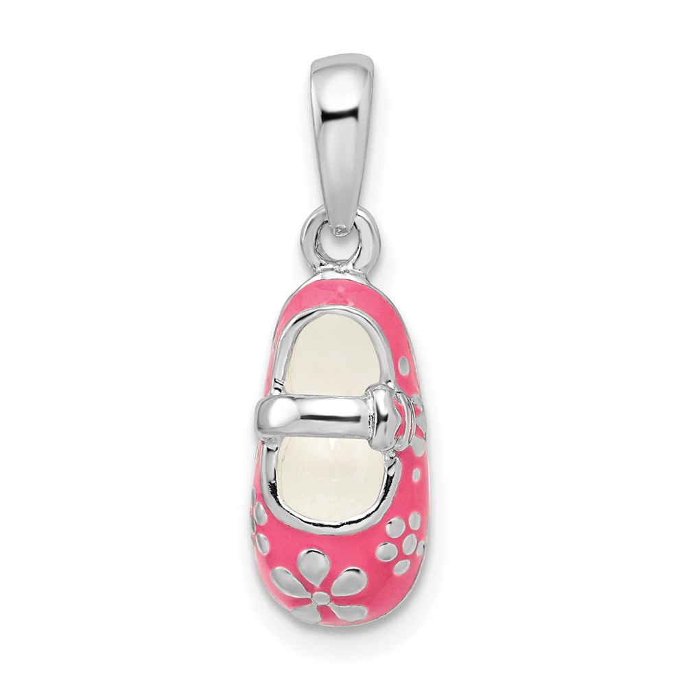 QC10655.jpg De-Ani Sterling Silver Rhodium-Plated 3D Pink Enameled Baby Shoe Pendant - Image 1