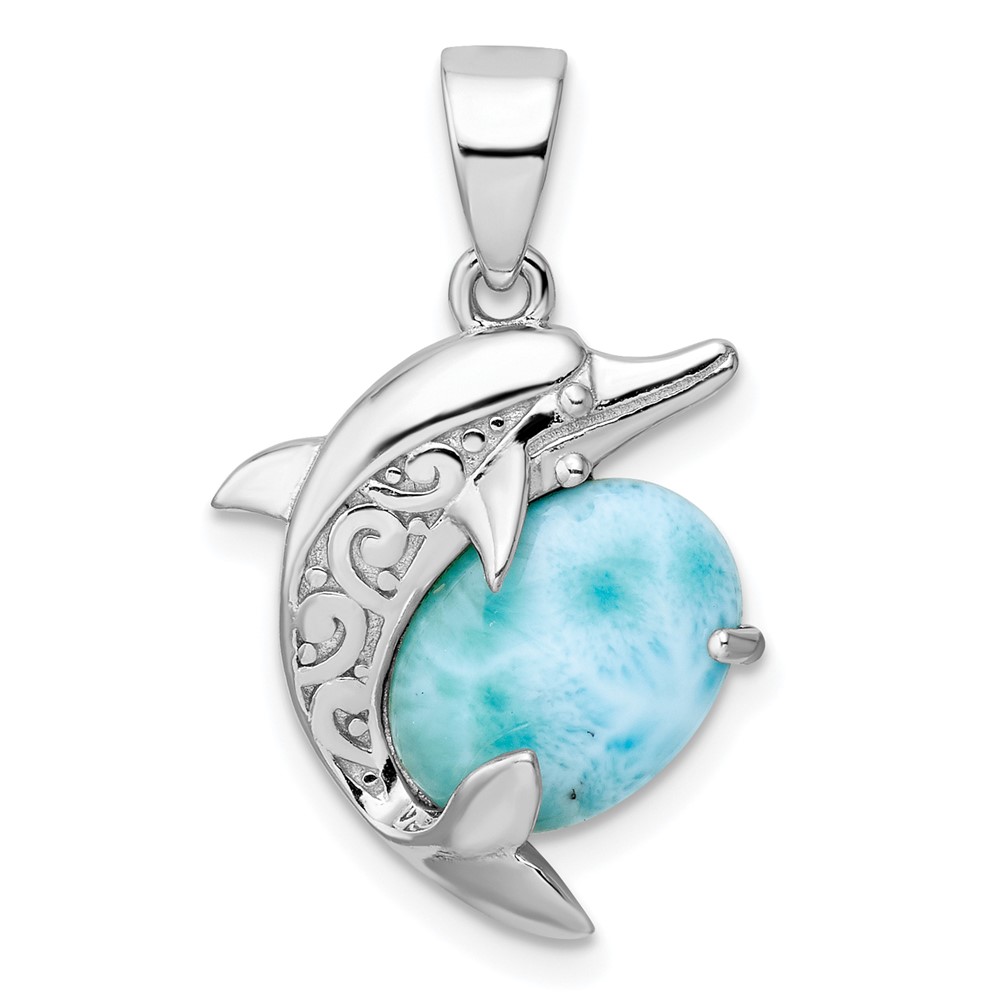 QC11087.jpg Sterling Silver Rhodium-plated Polished Filigree Dolphin Larimar Pendant - Image 1