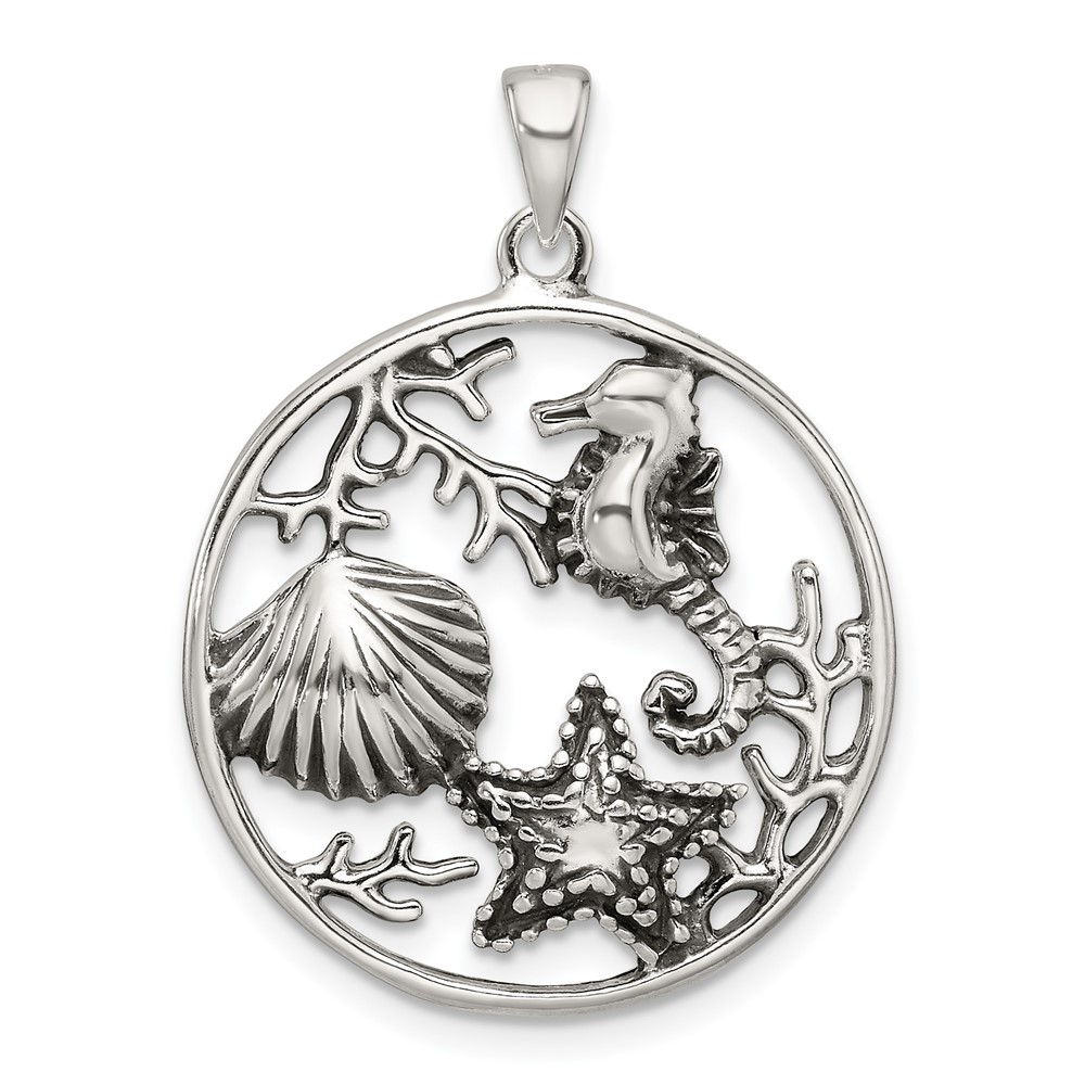 QC11362.jpg Sterling Silver Polished and Antiqued Sea Life Circle Pendant - Image 1