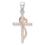 Sterling Silver Rose-tone Polished CZ Heart Cross Pendant