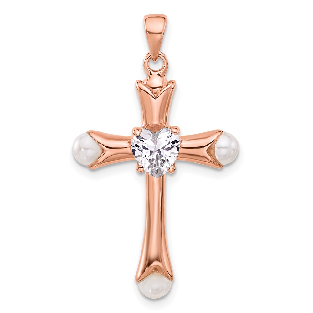 QC11437.jpg Sterling Silver Rose-tone Heart CZ and Synthetic Pearl Cross Pendant - Image 1