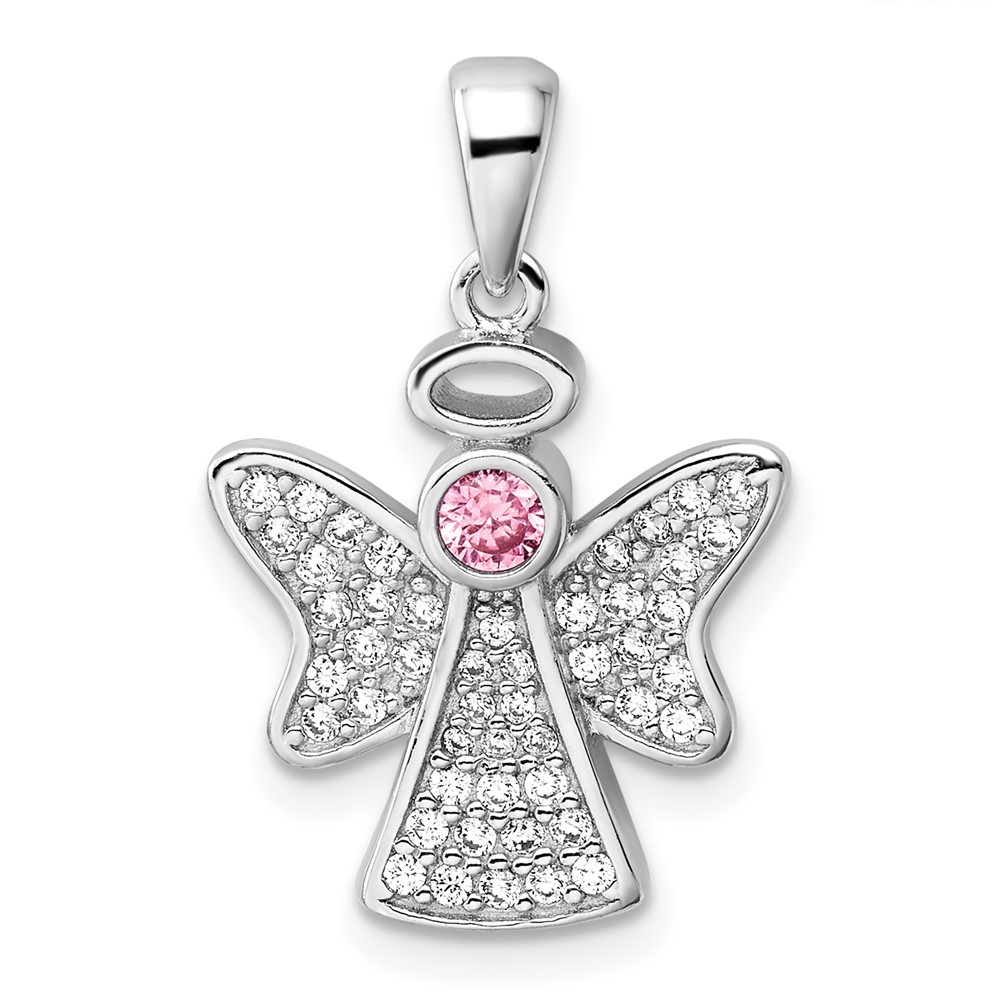 QC11470.jpg Sterling Silver Rhodium-plated Pink and Clear CZ Angel Pendant - Image 1