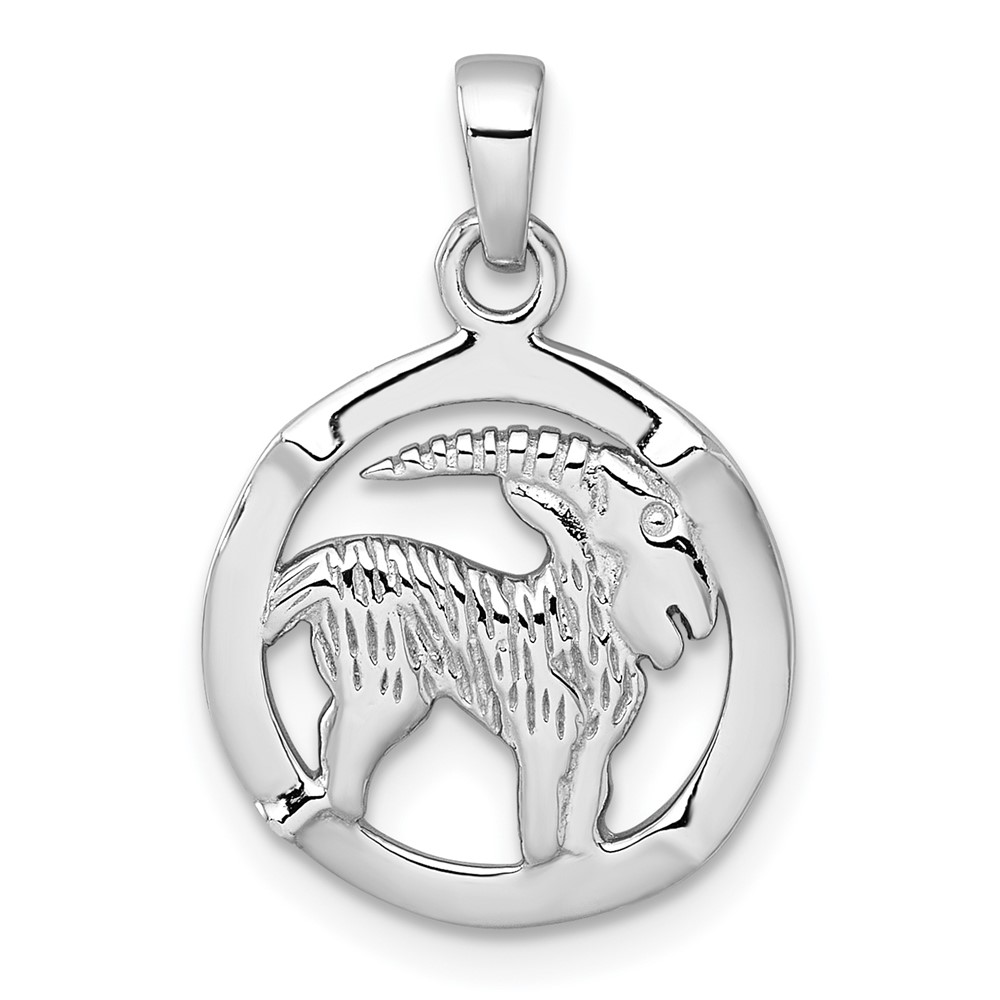 QC11669.jpg Sterling Silver Rhodium-plated Polished Reversible Capricorn Goat in Circle Zodiac Pendant - Image 1