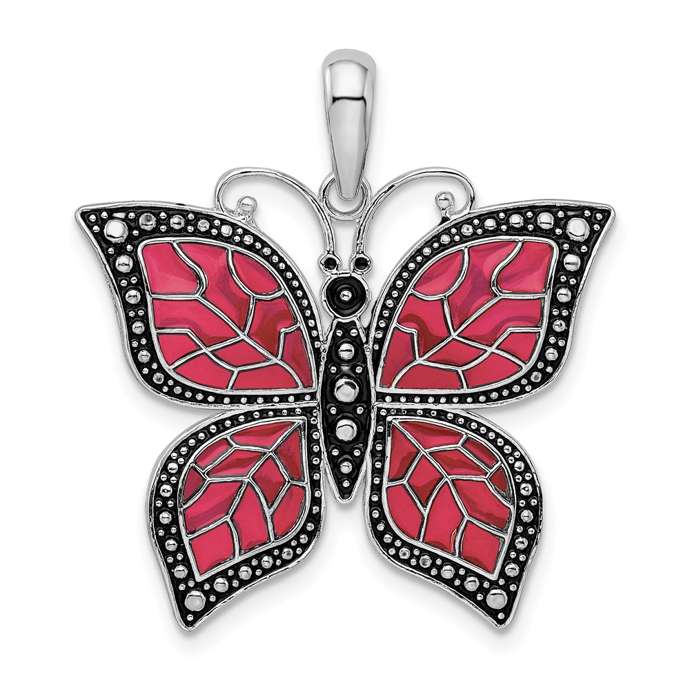 QC9771.jpg De-Ani Sterling Silver Rhodium-Plated Polished Enameled Fuchsia Butterfly Pendant - Image 1