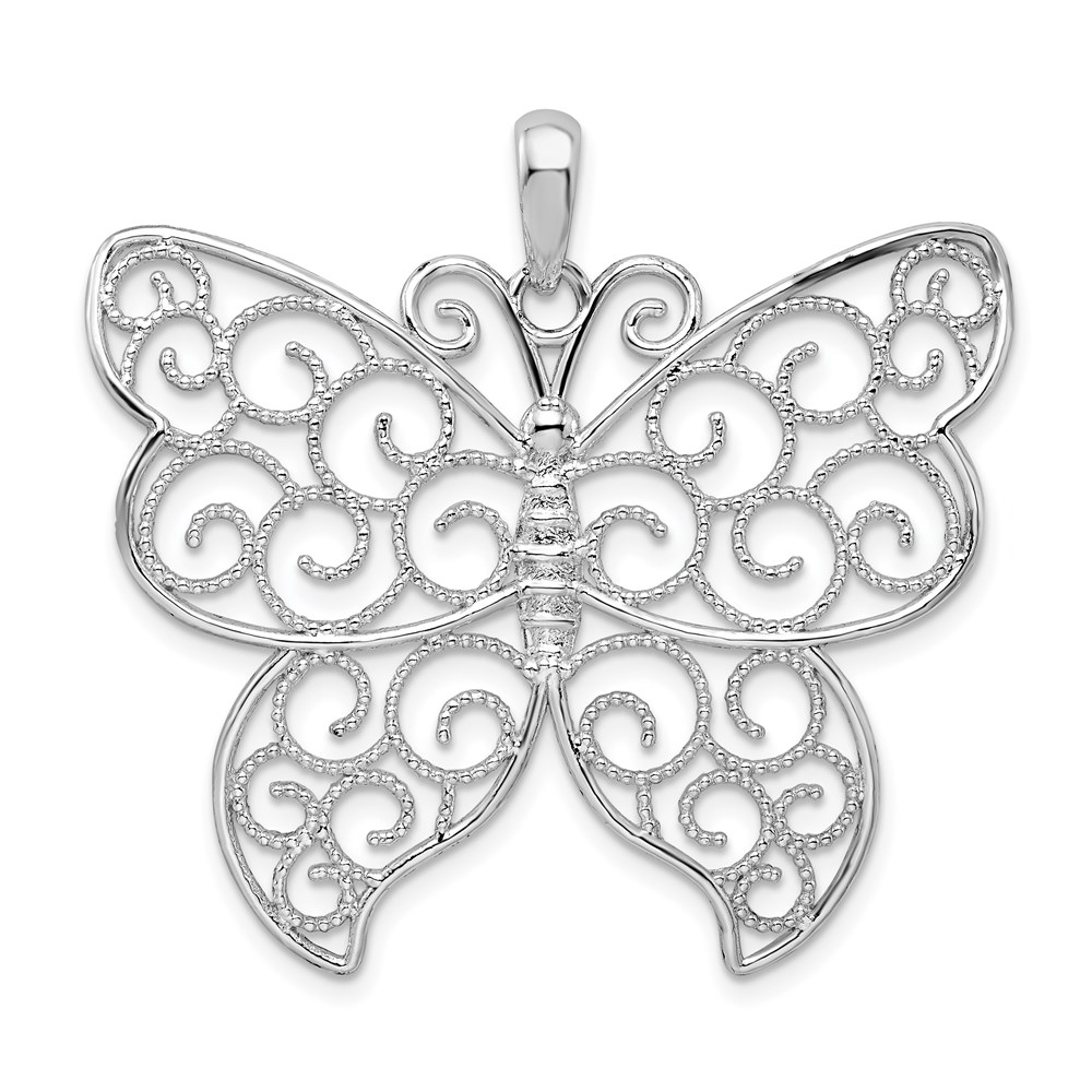 QC9807.jpg De-Ani Sterling Silver Rhodium-Plated Large Beaded Filigree Butterfly Pendant - Image 1