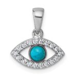 Sterling Silver Rhodium-plated Polished CZ and Compressed Turquoise Cabochon Evil Eye Pendant