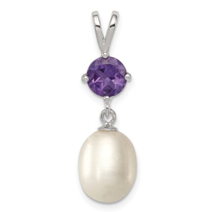 Sterling Silver Rhodium-plated 8-9mm White Teardrop Freshwater Cultured Pearl and .75AM Amethyst Pendant