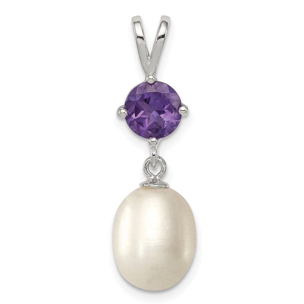 QP4644.jpg Sterling Silver Rhodium-plated 8-9mm White Teardrop Freshwater Cultured Pearl and .75AM Amethyst Pendant - Image 1