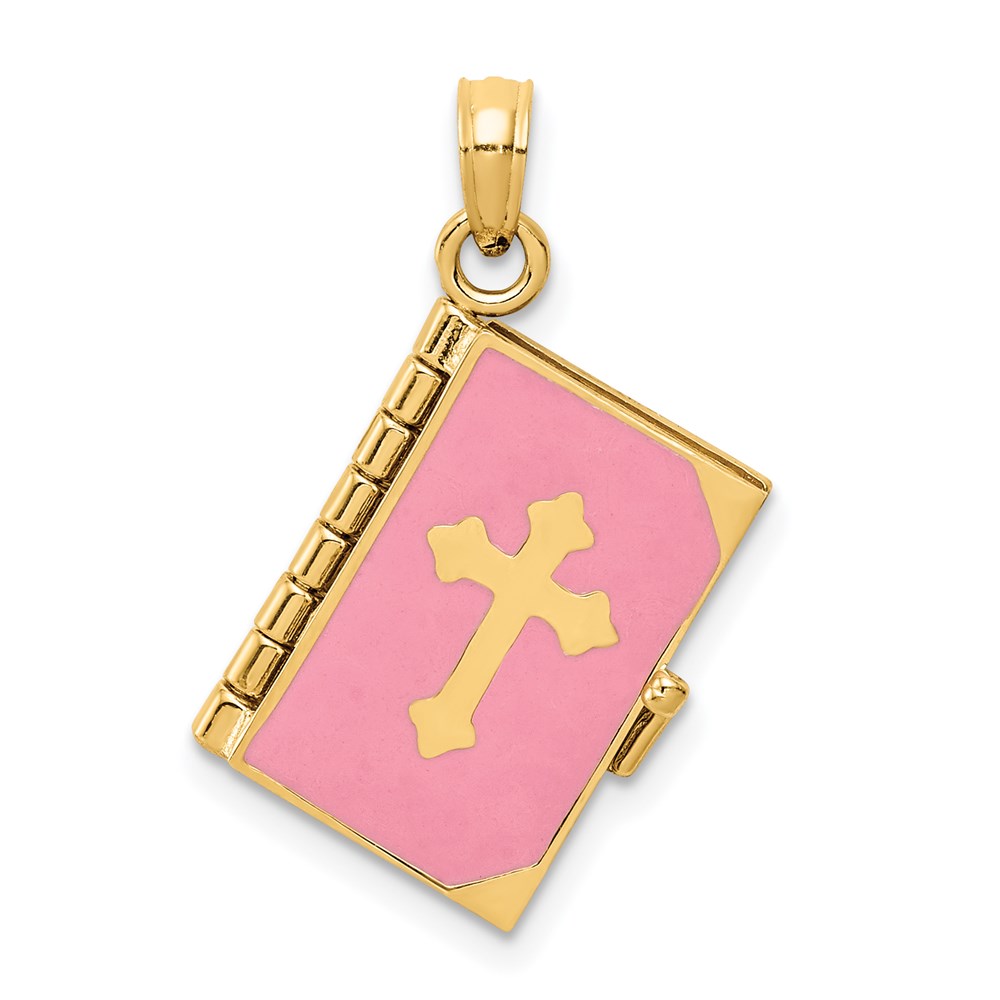 REL154.jpg 14K Pink Enameled 3-D Bible with Lord's Prayer and Moveable Pages Pendant - Image 1