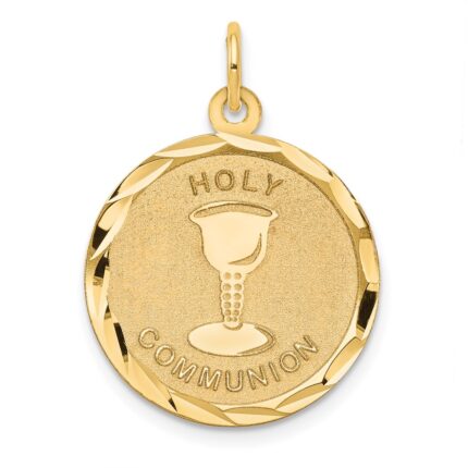 14k Polished and Satin Solid HOLY COMMUNION Diamond-cut Edge Round Disc Pendant