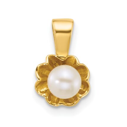 14k Polished 4-5mm Button White Freshwater Cultured Pearl Flower Pendant
