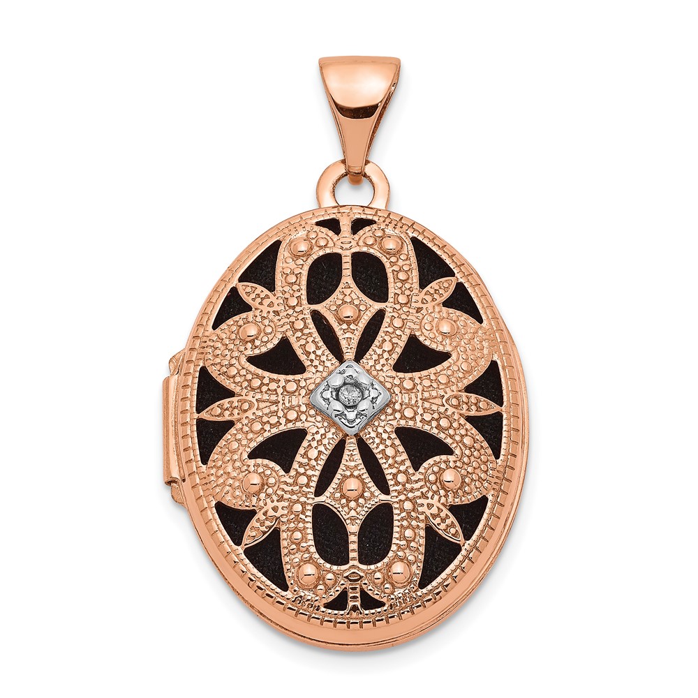 XL671.jpg 14K Rose Gold Diamond Vintage Filigree with Black Fabric Interior 21mm Oval Locket - Image 1
