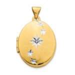 14k with White Rhodium Brushed and Polished Diamond Stars 21mm Oval Locket