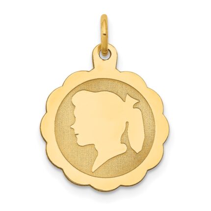 14k Girl Head on .009 Gauge Engravable Scalloped 17x15mm Disc Charm