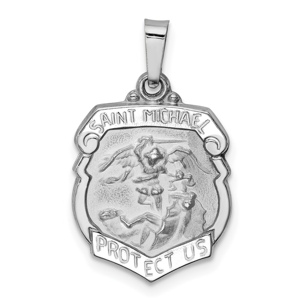 XR1367.jpg 14k White Gold Polished and Satin Hollow Small St Michael Medal Badge Pendant - Image 1