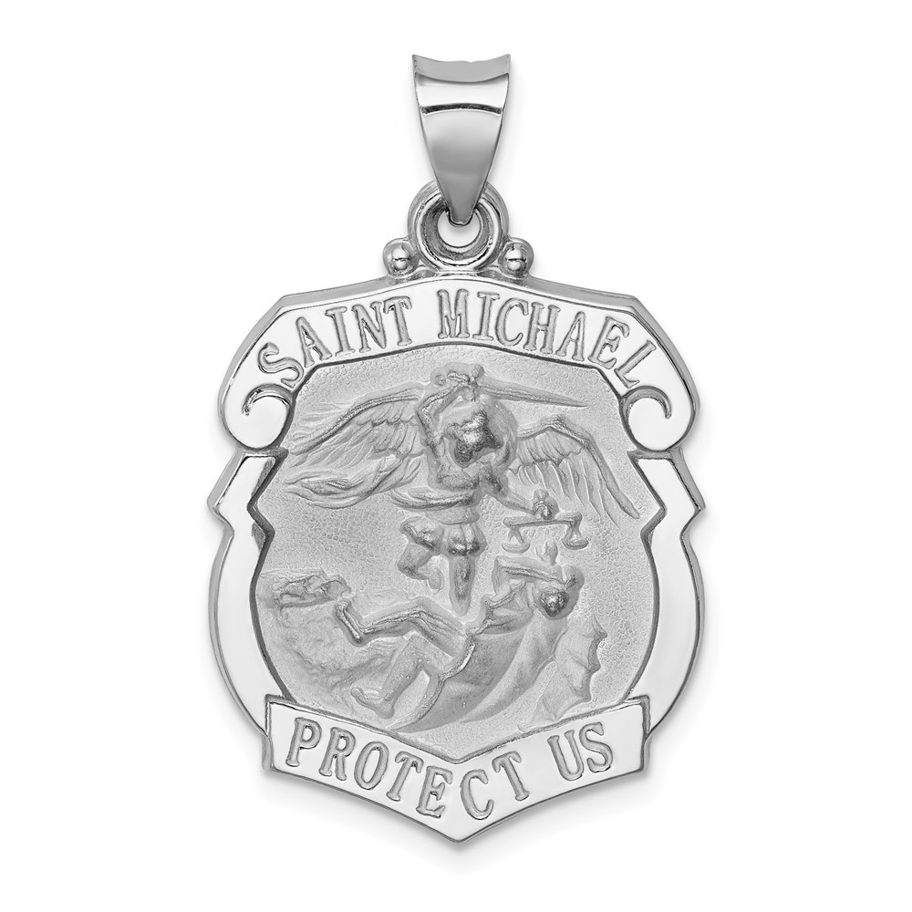 XR1369.jpg 14K White Gold Polished and Satin Hollow Large St. Michael Medal Badge Pendant - Image 1