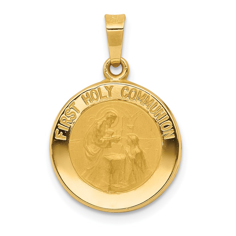 XR1388.jpg 14k Polished and Satin Hollow FIRST HOLY COMMUNION Medal Round Pendant - Image 1