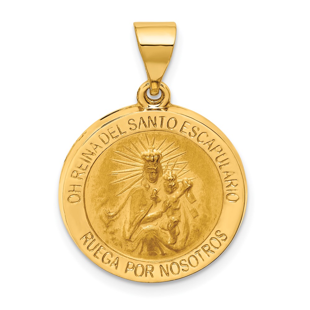 XR1779.jpg 14K Polished and Satin Hollow Spanish Oh Reina Del Santo Escapulario Medal Reversible Round Pendant - Image 1