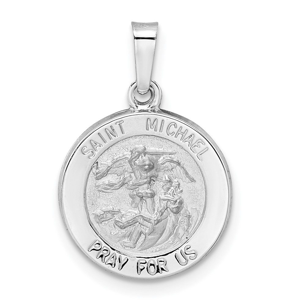 XR1943.jpg 14k White Gold Polished and Satin Hollow St Michael Medal Round Pendant - Image 1