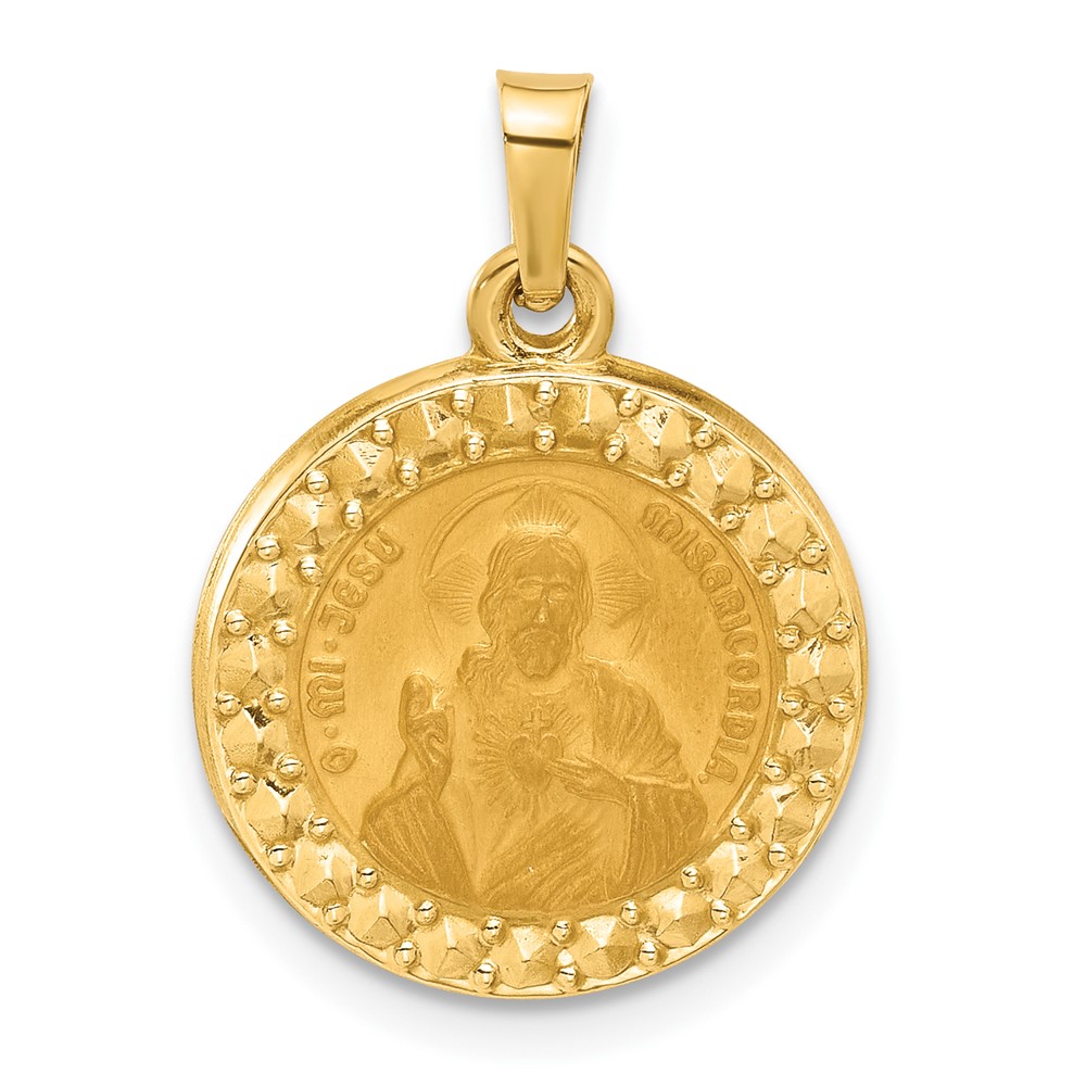 XR2099.jpg 14K Polished and Satin Hollow Sacred Heart of Jesus Medal Round Pendant - Image 1