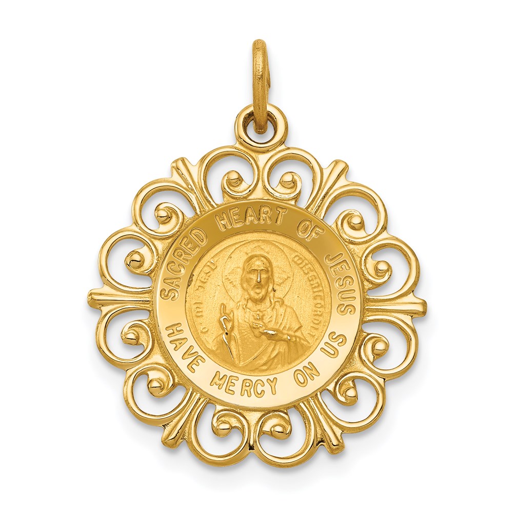 XR370.jpg 14k Polished and Satin Solid Sacred Heart of Jesus Medal Scalloped Edge Round Charm - Image 1