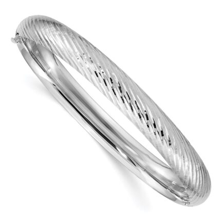 14k White Gold 5/16 Polished Textured 8.00mm Hinged Oval Bangle Bracelet