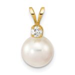 14k 8-9mm White Round Akoya Saltwater Cultured Pearl and 1/10 Carat Diamond Pendant