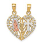 10k Two-tone w/ White Rhodium CZ Religious Break-apart Heart Pendant